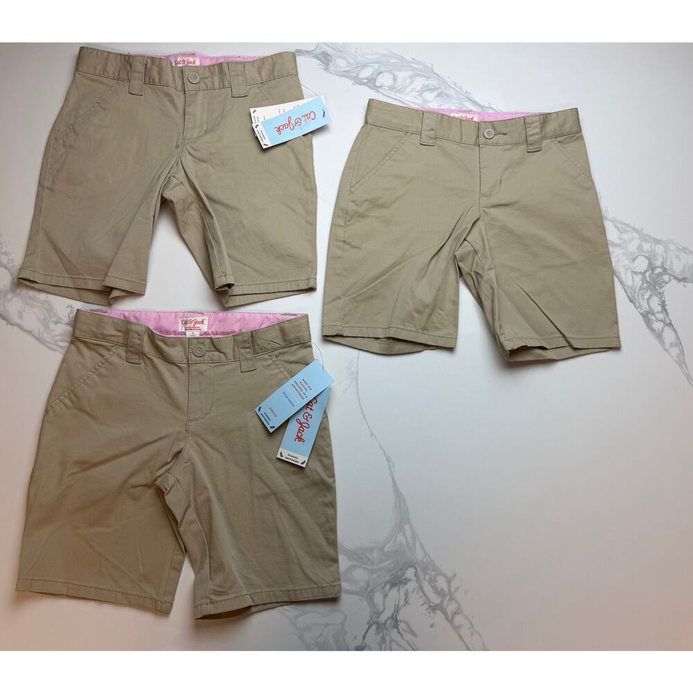 Cat & Jack Girls Uniform Shorts Khaki Lot 3 Size 7 NWT School Stretch